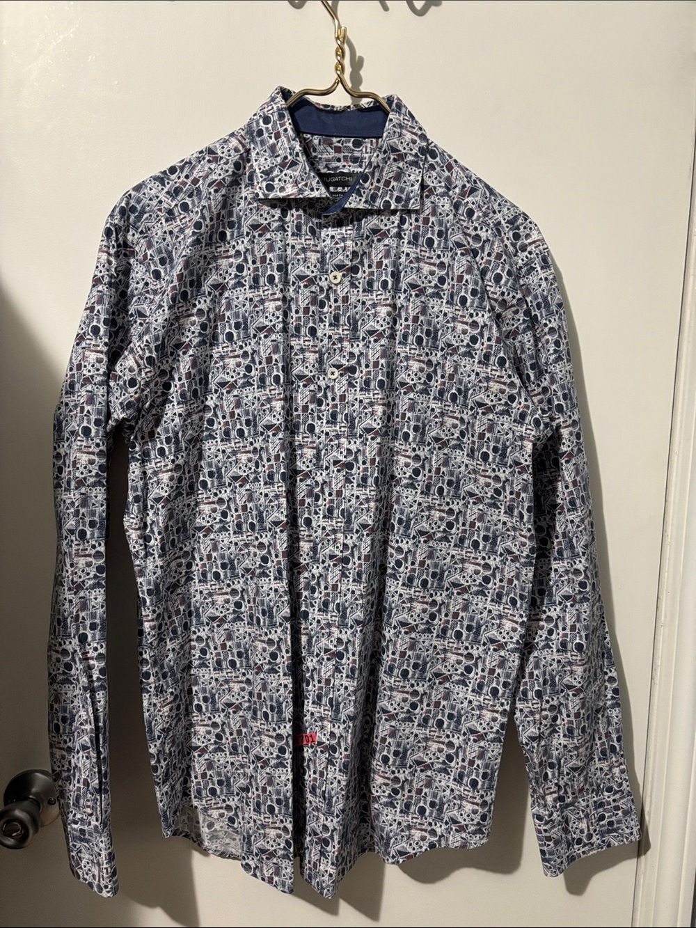 Bugatchi Navy, White & Red Geometric Print Dress Shirt